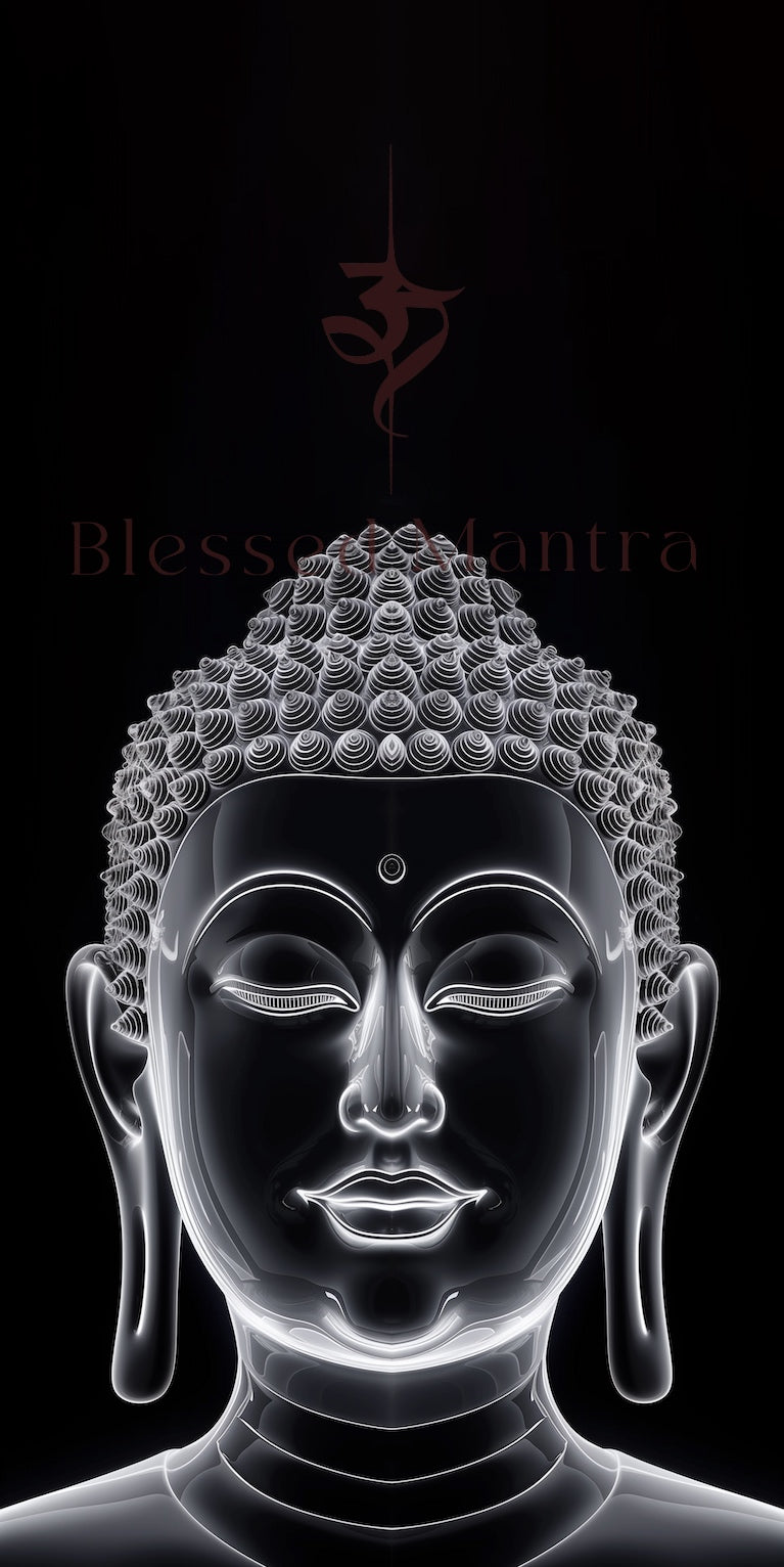 Serene glowing white Buddha head on black background with Om symbol & Blessed Mantra. Evokes spiritual clarity. Buddhist thangka art.