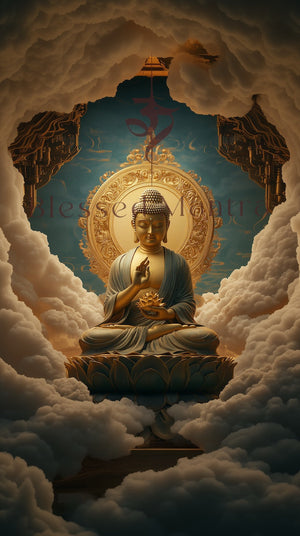 Serene golden Buddha statue on lotus pedestal amidst clouds, teal backdrop. Ornate gold frame, Om symbol, subtle architecture. Buddhist meditation art.