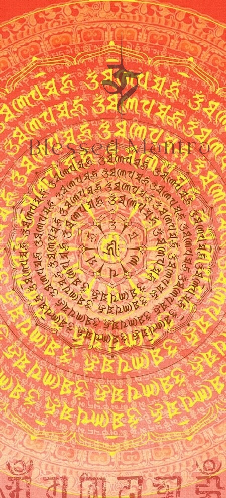 Circular mandala with Sanskrit script on orange, featuring a lotus motif and ? symbol. Blessed Mantra amulet for purification & protection. Buddhist meditation.