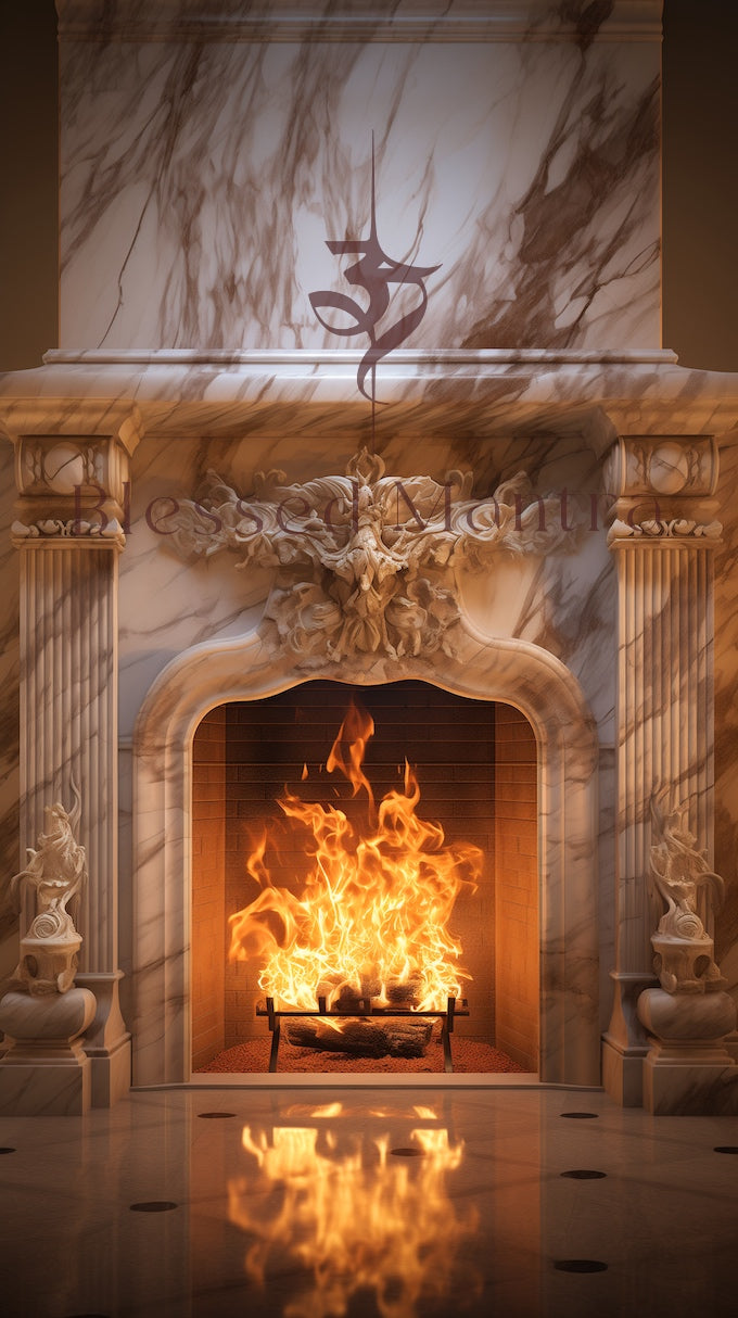 Ornate fireplace with roaring fire, Om symbol, and warm hues in a luxurious setting. Tibetan Thangka art-inspired wallpaper for warmth and tranquility.