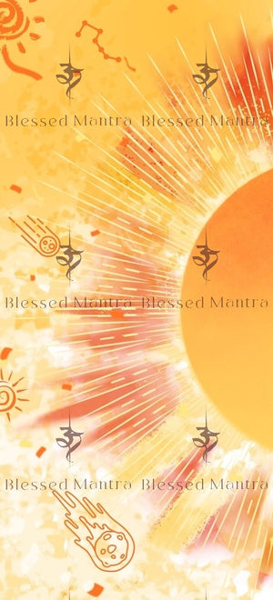 Stylized sun with Om symbols & shooting stars on a yellow-orange backdrop. "Blessed Mantra" print adds a spiritual touch. Buddhist prayer flags vibe.