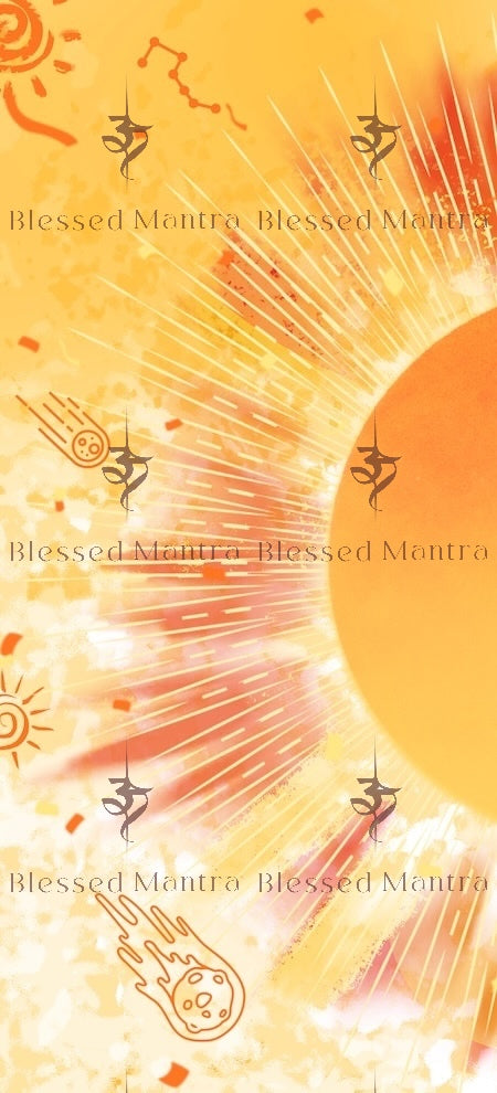 Stylized sun with Om symbols & shooting stars on a yellow-orange backdrop. "Blessed Mantra" print adds a spiritual touch. Buddhist prayer flags vibe.