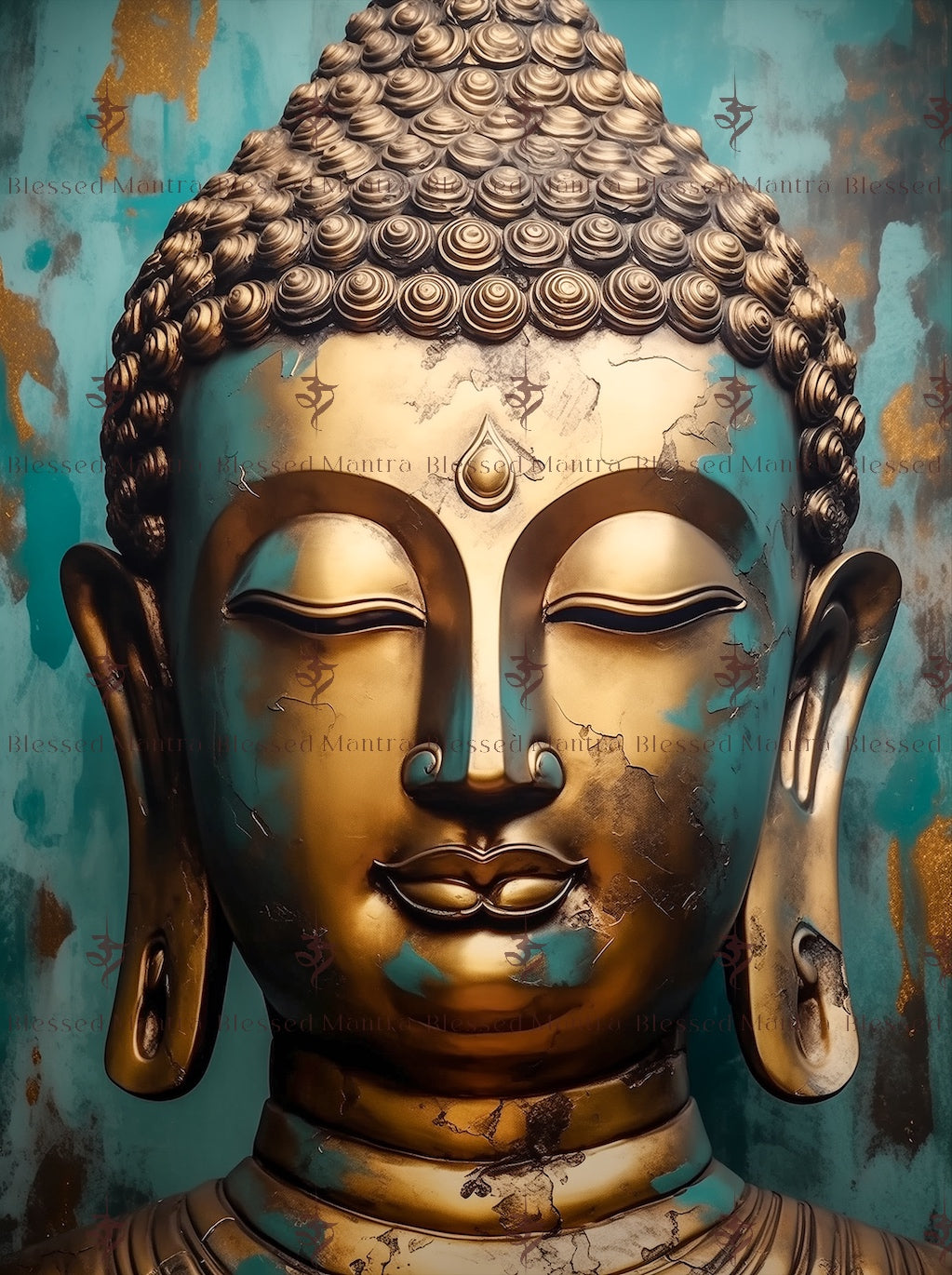 Golden Buddha statue on teal background with "Blessed Mantra" text overlay. Serene expression, intricate details, and subtle Om symbols create a spiritual Buddhist art piece.