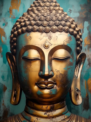 Golden Buddha statue on teal background with "Blessed Mantra" text overlay. Serene expression, intricate details, and subtle Om symbols create a spiritual Buddhist art piece.