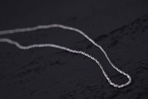 Shining silver rope chain necklace on black background. Delicate twisted design adds subtle texture.