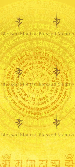 Vibrant yellow mandala with "Blessed Mantra" surrounding a circular design of Tibetan Buddhist symbols. Spiritual energy art for meditation.