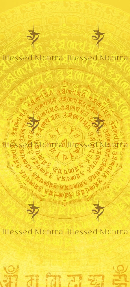 Vibrant yellow mandala with "Blessed Mantra" surrounding a circular design of Tibetan Buddhist symbols. Spiritual energy art for meditation.