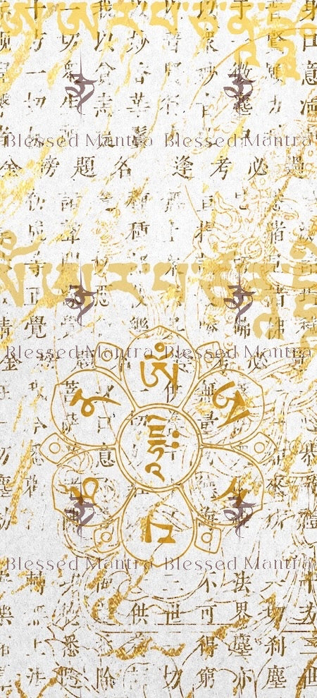 Golden lotus flower on faded script background with Buddhist symbols. Blessed Mantra wallpaper for purification & protection.