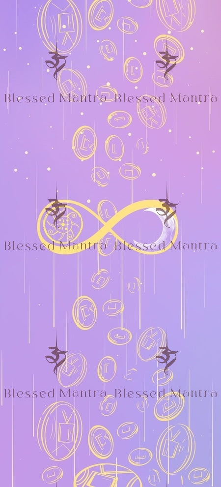 Infinity symbol on purple background with stylized coins and "Blessed Mantra." Manifest wealth and prosperity with this whimsical Tibetan thangka art.