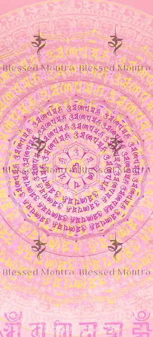 Pink mandala wallpaper with Sanskrit mantra, Unalome symbols, and floral motif. Blessed mantra for purification & protection. Buddhist prayer.