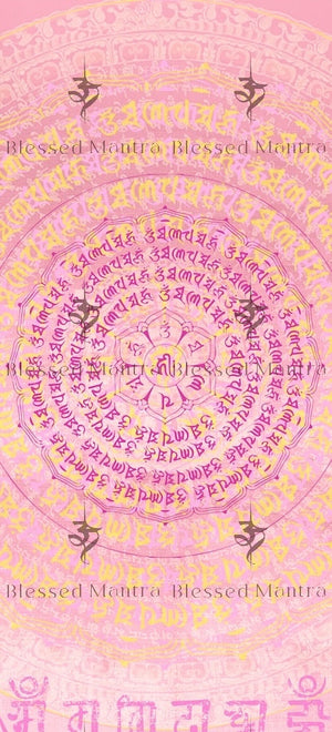 Pink mandala wallpaper with Sanskrit mantra, Unalome symbols, and floral motif. Blessed mantra for purification & protection. Buddhist prayer.