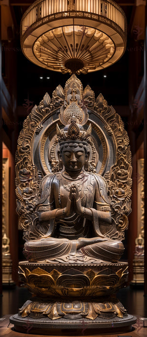 Serene wooden Samantabhadra Bodhisattva statue in prayer, illuminated by soft light. Gold accents and ornate halo create a reverent, artistic Buddhist thangka vibe.