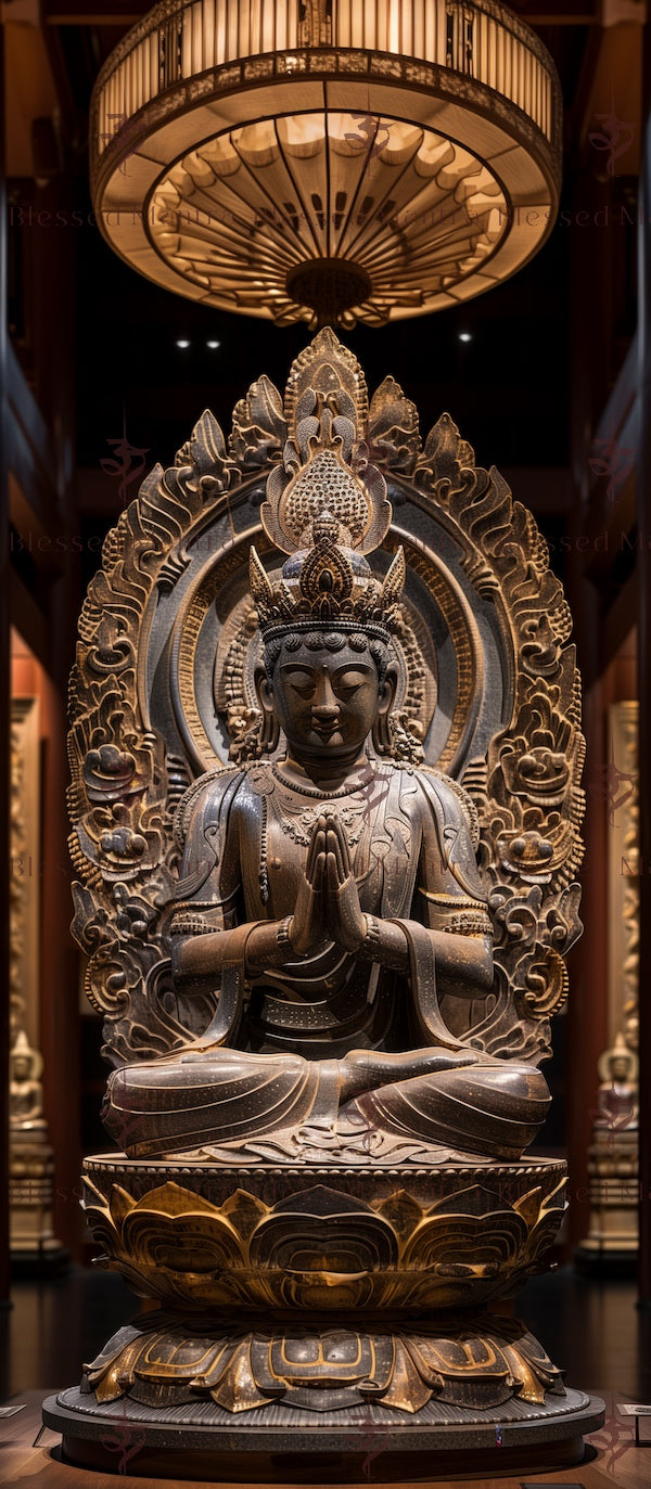 Serene wooden Samantabhadra Bodhisattva statue in prayer, illuminated by soft light. Gold accents and ornate halo create a reverent, artistic Buddhist thangka vibe.