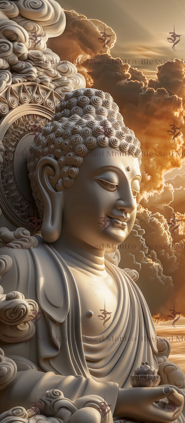Serene Buddha statue on orange, brown swirling clouds. "Blessed Mantra" overlay, Om symbols. Buddhist thangka art wallpaper for grounding energy.