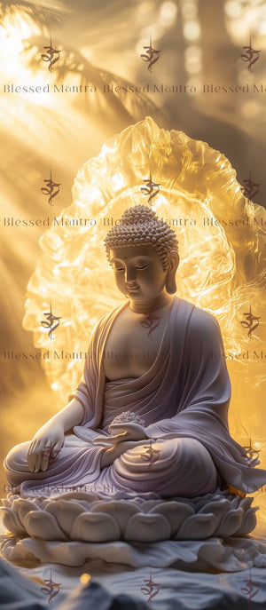 Serene white Buddha statue on lotus base, bathed in golden light. Blessed Mantra wallpaper with ? symbol. Buddhist thangka art for tranquil meditation.