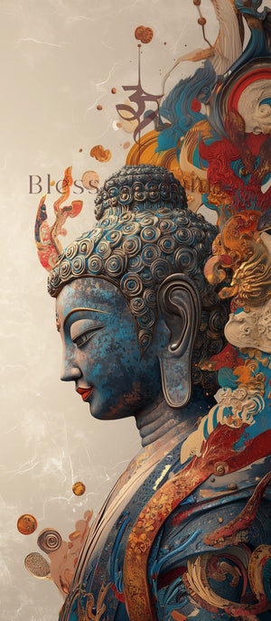 Serene Buddha bust in blue, brown, & gold on beige. "Bliss" inscription. Digital art with classical sculpture elements. Buddhist prayer decor.