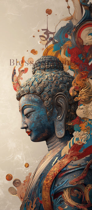 Serene Buddha bust in blue, brown, & gold on beige. "Bliss" inscription. Digital art with classical sculpture elements. Buddhist prayer decor.