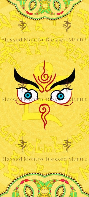 Vibrant yellow Jambhala mantra artwork with Tibetan script, ornate details, and a stylized face. Promotes wealth & abundance.
