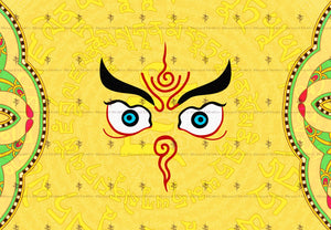 Vibrant yellow Jambhala mantra wallpaper with blue-eyed face, Tibetan script, and decorative borders. Promotes wealth & abundance through Buddhist prayer.