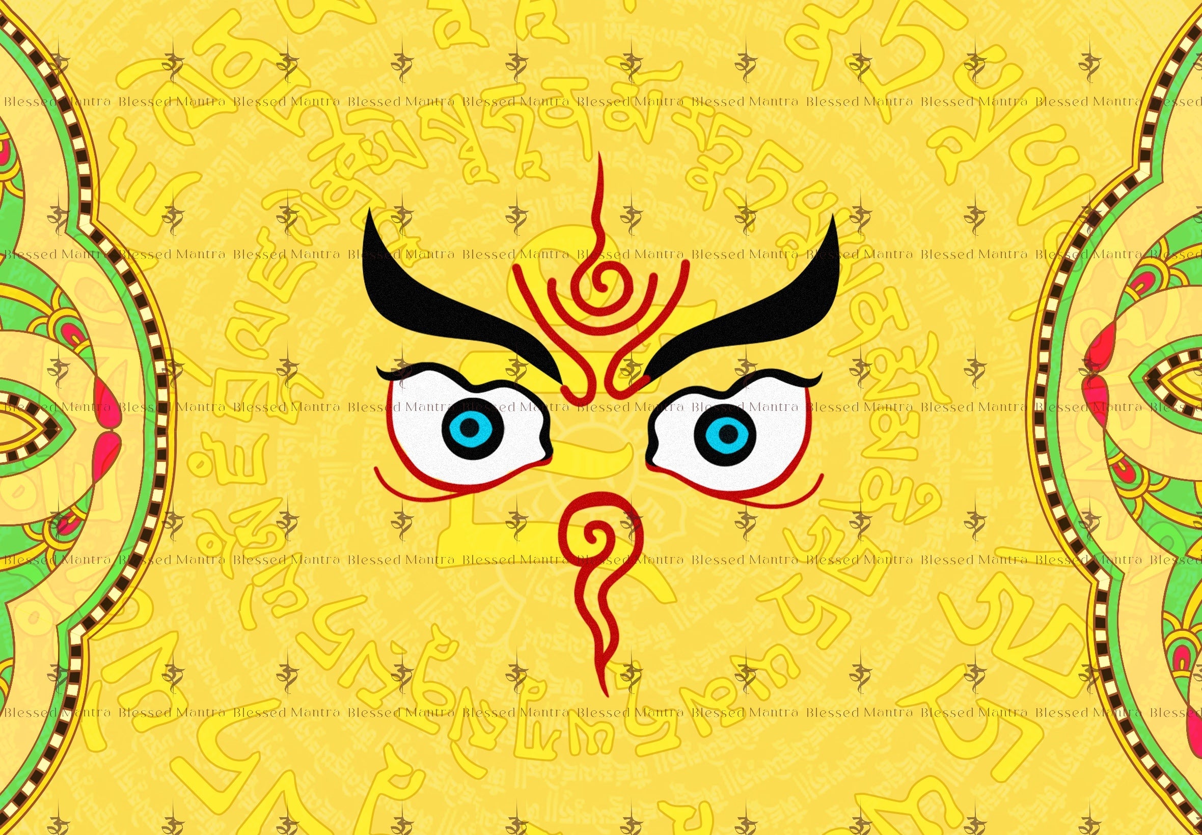 Vibrant yellow Jambhala mantra wallpaper with blue-eyed face, Tibetan script, and decorative borders. Promotes wealth & abundance through Buddhist prayer.
