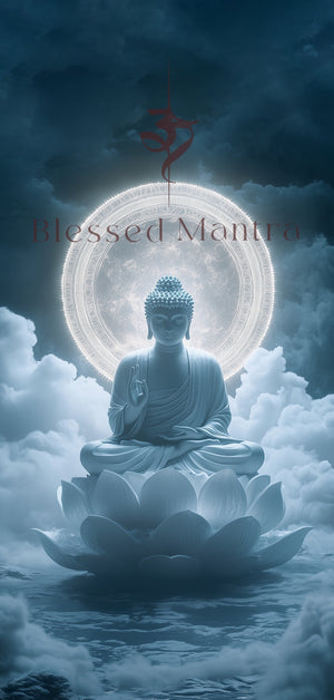 Serene white Buddha on lotus flower with glowing mandala, "Blessed Mantra" inscription, and Om symbol. Peaceful Buddhist digital art, ideal phone wallpaper.
