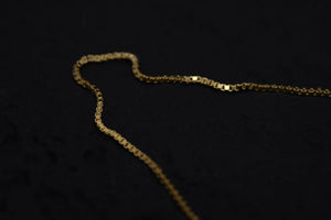 Close-up of a delicate gold chain necklace with small, square links. Simple style, perfect for layering or wearing solo.