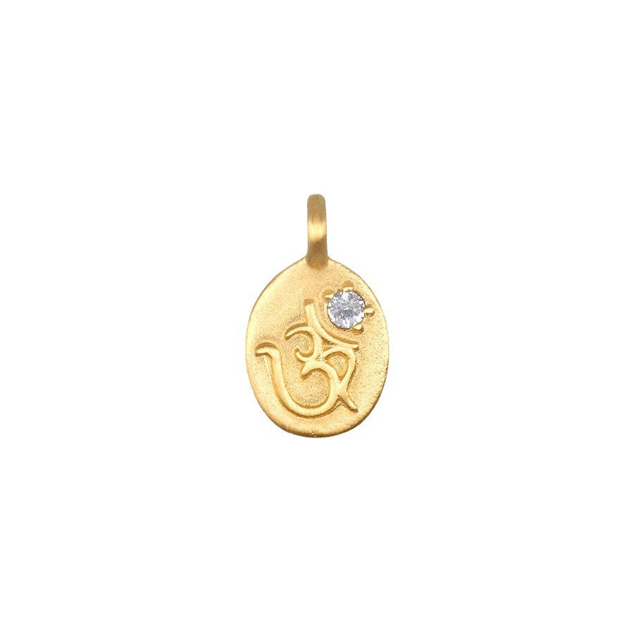 Gold Om Mantra charm pendant. Spiritual jewelry with gemstone. Universal mantra symbol for mindfulness and awareness.
