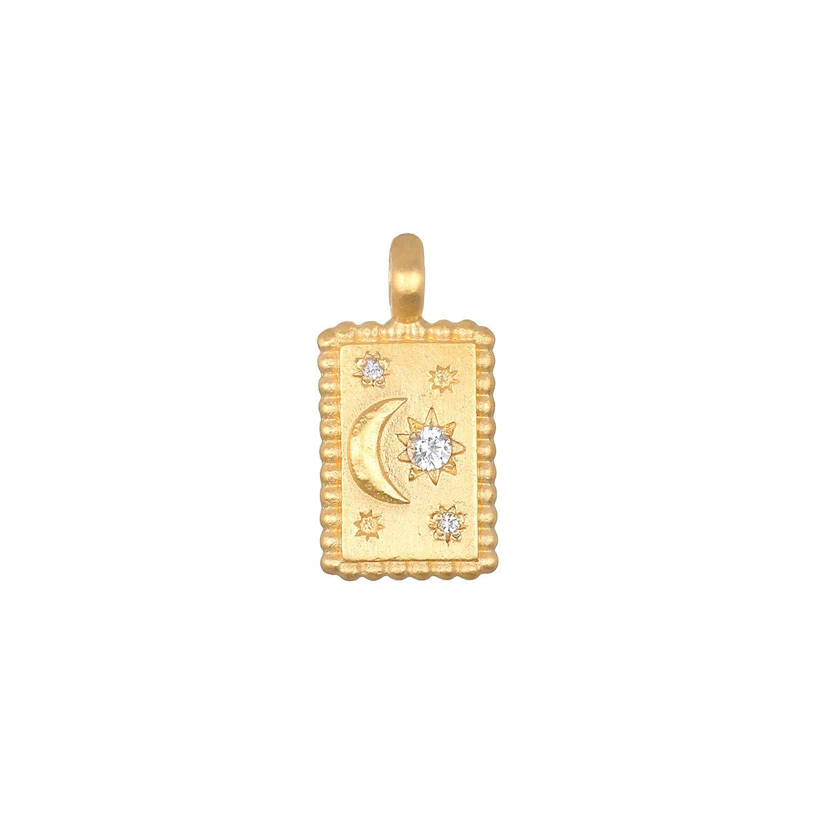 Gold celestial charm pendant with moon, star, and gemstones. A symbol of guidance, inspiration, and dreams from our charm collection.