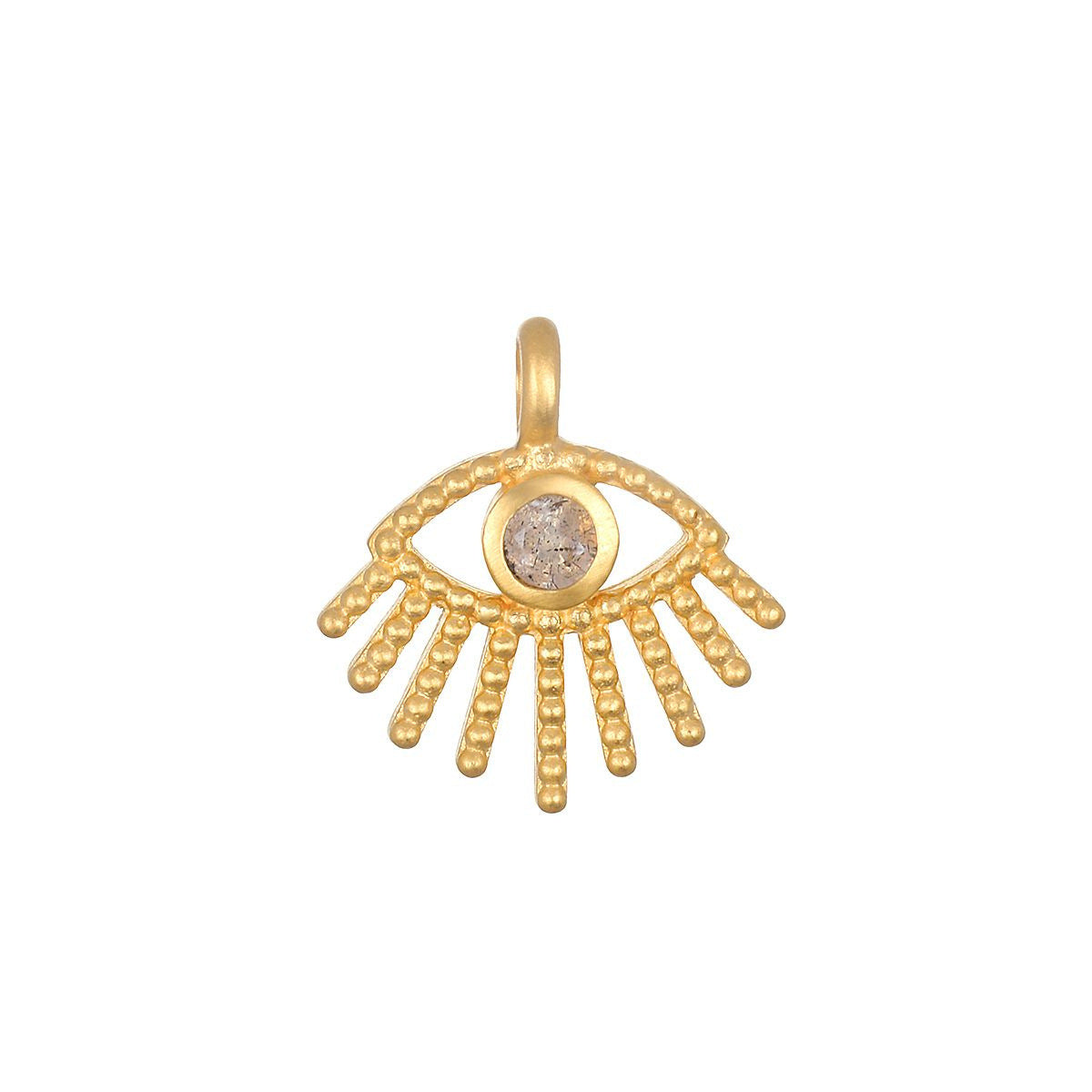 Golden evil eye charm pendant with beaded details and central gem, offering protection and enlightenment.