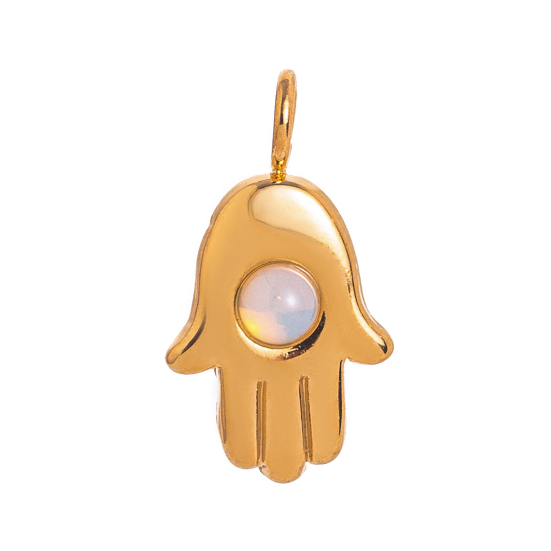 Gold Hamsa hand pendant with white stone. A beautiful and protective symbol of good fortune and blessings.