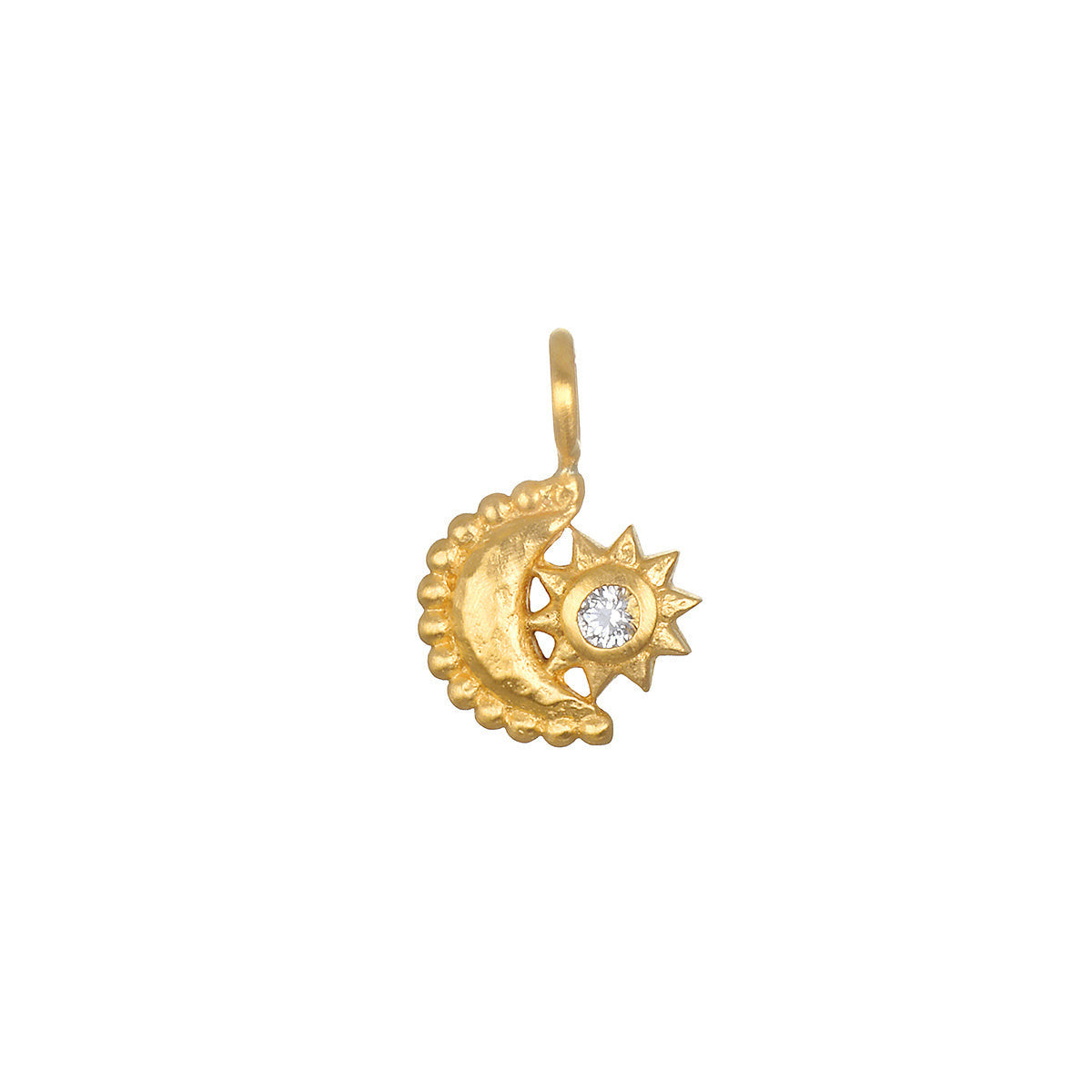 Gold moon and sun charm pendant with gemstone, symbolizing nourishment and leadership.