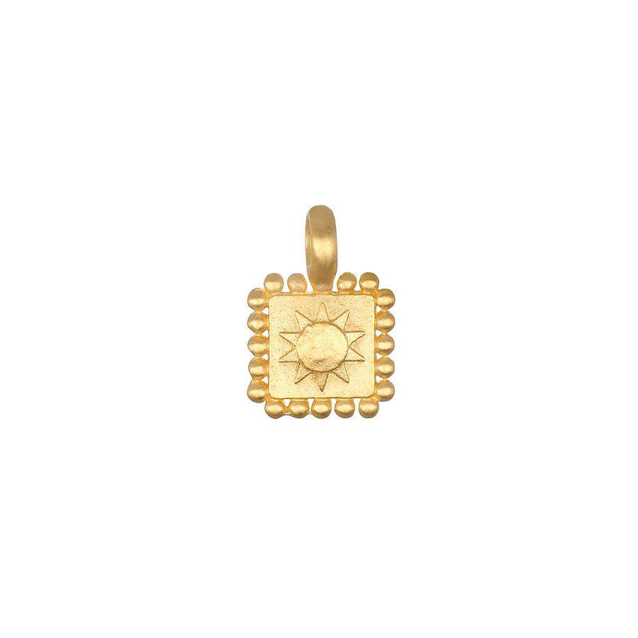 Gold solar square charm pendant. Sun motif for energy and protection.