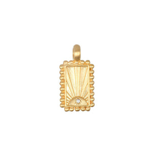 Golden sunburst charm pendant with gem. Rectangle vitality leadership charm for red string bracelet. Elegant, detailed design.