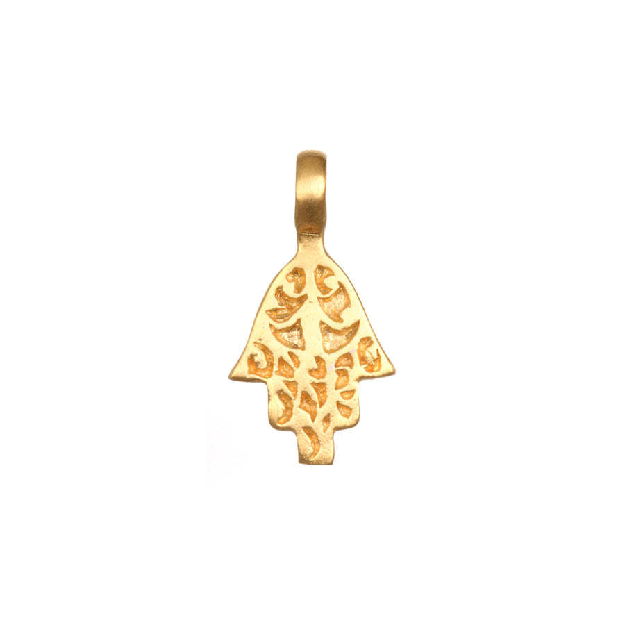 Gold-plated hamsa charm pendant. Embossed openwork design, symbol of protection and blessings.