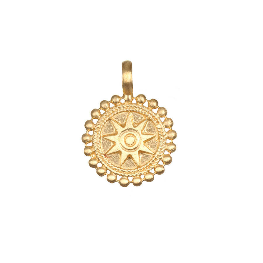 Gold-plated starburst mandala charm for knowledge, balance, and peace on a red string bracelet.