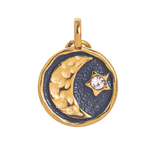 Gold celestial charm: crescent moon, star gem on blue. Elegant necklace pendant.