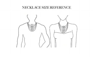 Necklace size chart for men & women illustrating lengths from 45cm-65cm on minimalist line drawing figures.
