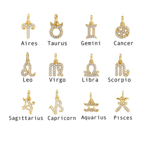Gold zodiac sign charms: Aries, Taurus, Gemini, Cancer, Leo, Virgo, Libra, Scorpio, Sagittarius, Capricorn, Aquarius, Pisces. Sterling silver personalized zodiac charm necklace.