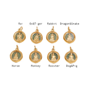 Sterling Silver Chinese Zodiac Pendant set with jade inlay & guardian Buddha figurines for protection.