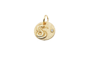 Gold snake pendant featuring a coiled serpent design with diamond detail. Round textured pendant on a white background.