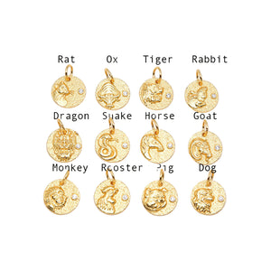 Gold Chinese zodiac pendants featuring rat, ox, tiger, rabbit, dragon, snake, horse, goat, monkey, rooster, pig, and dog. Sterling silver lucky coin amulet necklace.