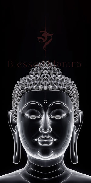 Serene glowing white Buddha head on black background with Om symbol & Blessed Mantra. Evokes spiritual clarity. Buddhist thangka art.