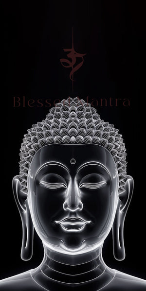 Serene glowing white Buddha head on black background with Om symbol & Blessed Mantra. Evokes spiritual clarity. Buddhist thangka art.