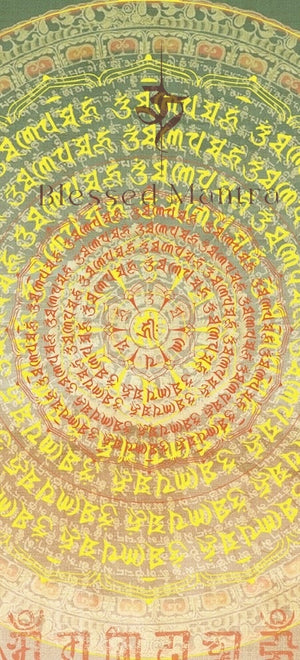 Intricate mandala amulet wallpaper with blessed mantra in yellow, orange on green. Tibetan Buddhist design for purification & protection.
