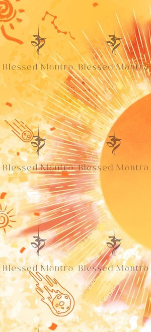 Stylized sun with Om symbols & shooting stars on a yellow-orange backdrop. "Blessed Mantra" print adds a spiritual touch. Buddhist prayer flags vibe.