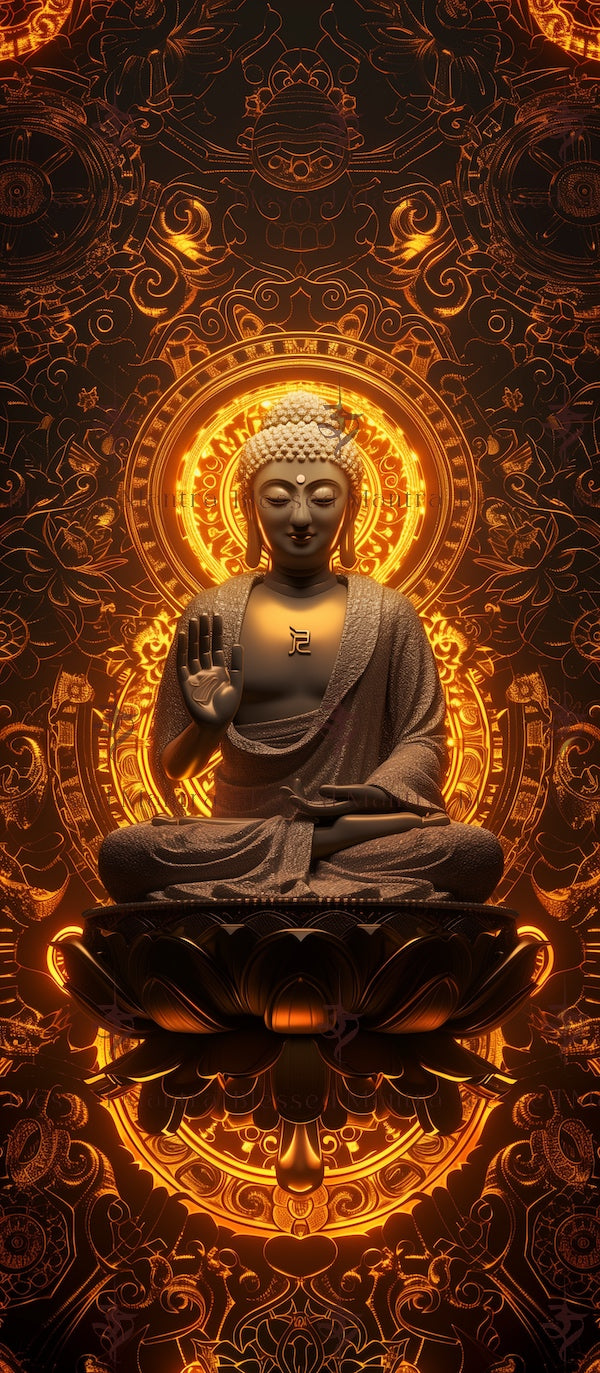 Serene bronze Buddha statue on lotus flower with glowing aura, intricate gold mandala background. Buddhist prayer for divine serenity and enlightenment.