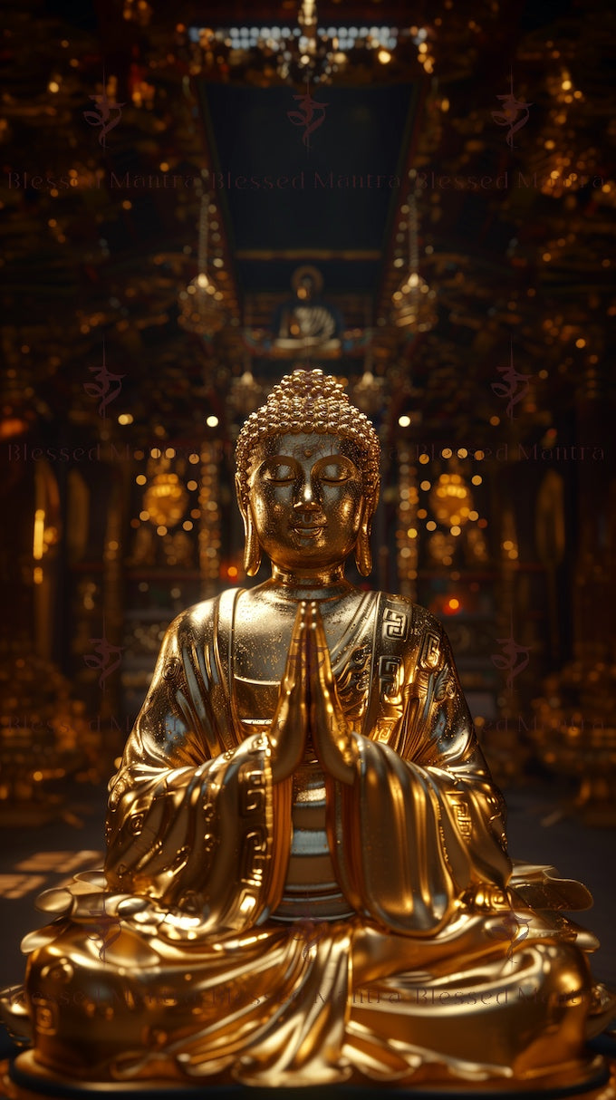 Golden Buddha statue in prayer, bathed in soft temple light. Evokes peace and enlightenment. Buddhist meditation.