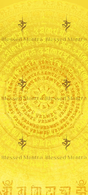 Vibrant yellow mandala with "Blessed Mantra" surrounding a circular design of Tibetan Buddhist symbols. Spiritual energy art for meditation.