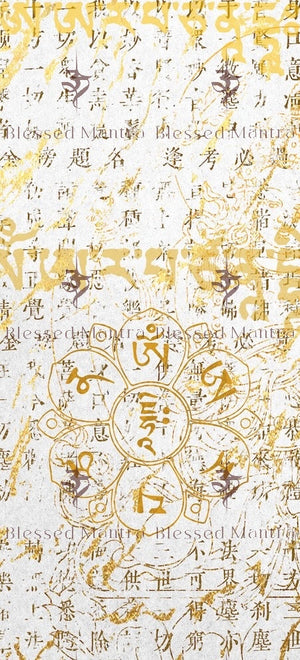 Golden lotus flower on faded script background with Buddhist symbols. Blessed Mantra wallpaper for purification & protection.