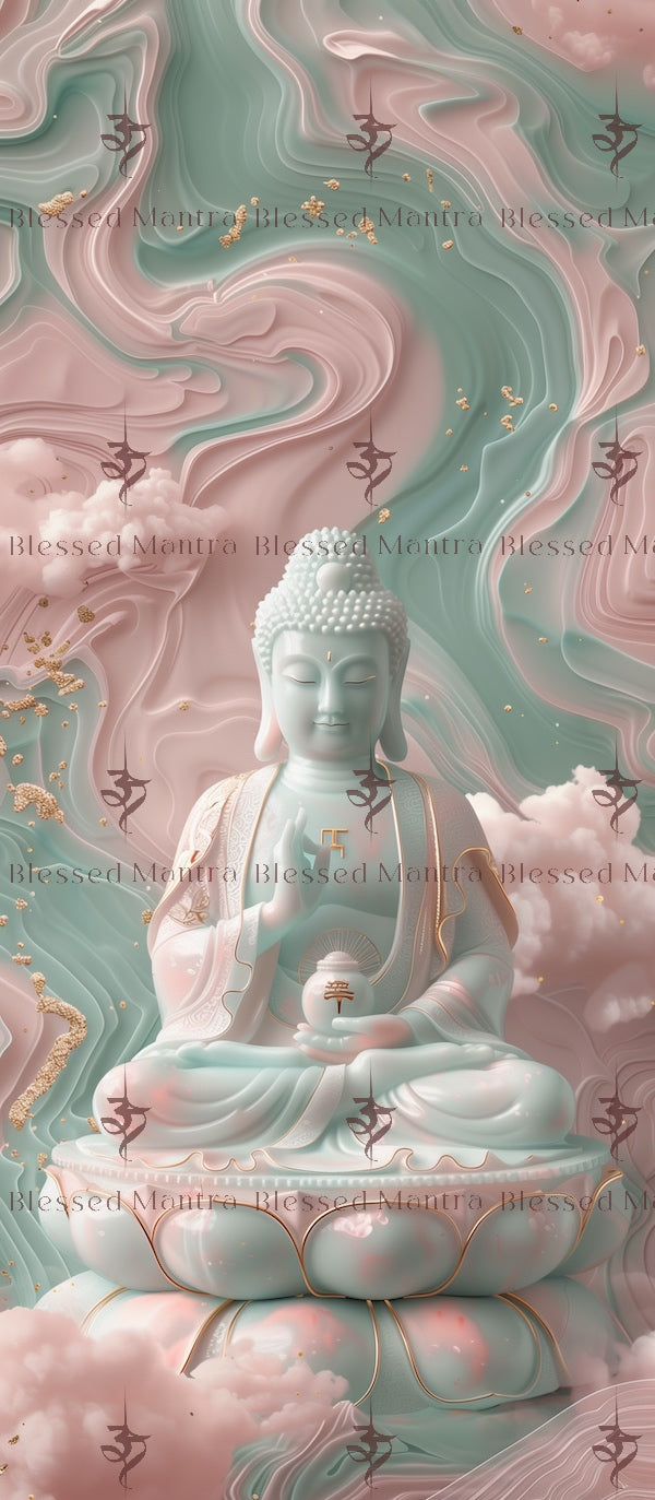 Serene teal Buddha statue on lotus flower with pastel pink, teal, and gold abstract "OM" background. Buddhist prayer decor for peace and harmony.